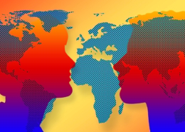 Grafik, zwei Köpfe in Rot, weltkarte im Hintergrund