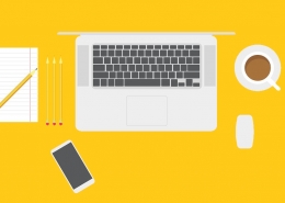 Grafik mit Computertastatur 3 Bleistiften daneben, einem Handy davor und einer Tasse rechts daneben